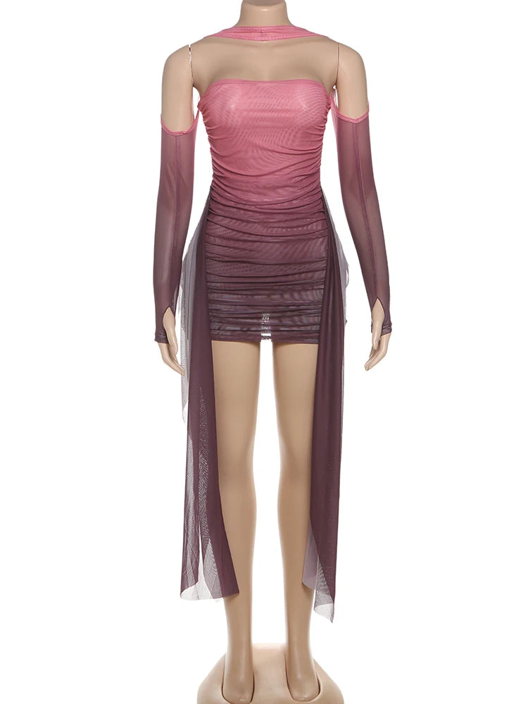 Edison Sexy See Through Dress Shawl Ruched Side Ribbon Coquette Skinny Dress
