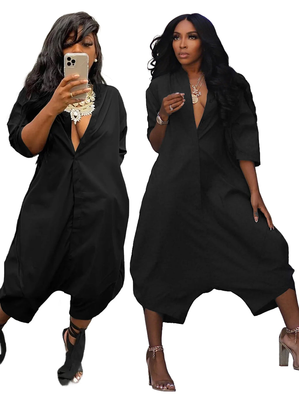 Women Plus Size Jumpsuit Business Casual Black Pocket Harem Rompers Single