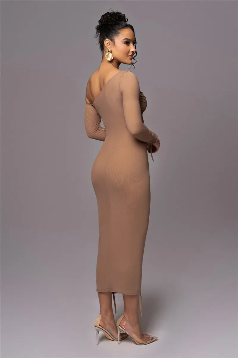 Dyker Heights Diagonal Collar Long Sleeve Mesh Backless Ruched Bodycon Midi Dress