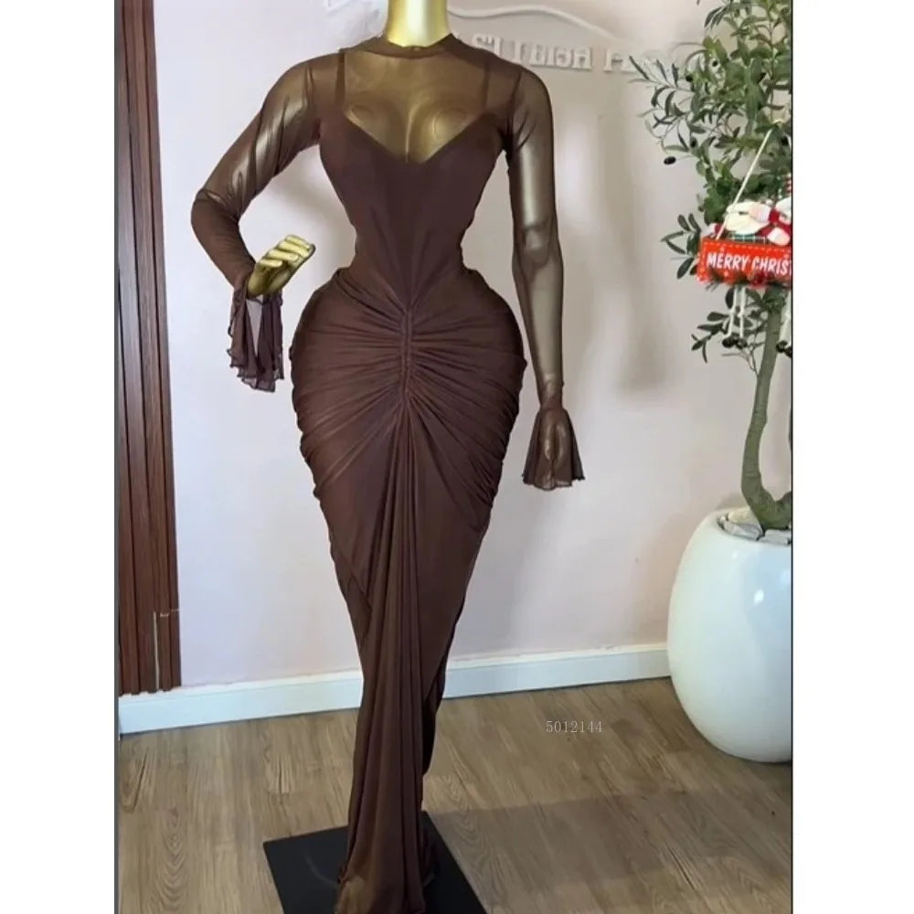 Aurora Flare Long Sleeve O Neck Ruched Mermaid Long Maxi Dress