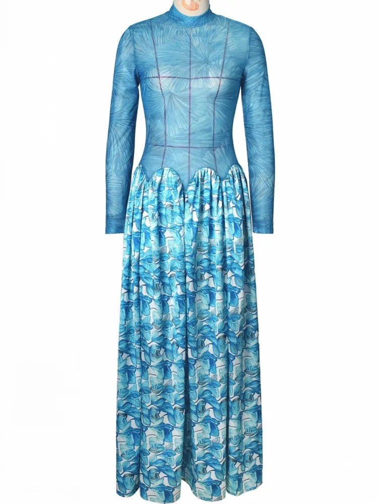 Passaic O Neck Fashion Long Sleeve Flower Printed Maxi Dress