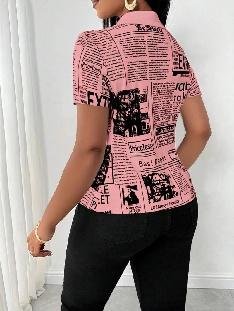 Pluto Elegant Fashion Newspaper Pattern Print Single Breasted Short Sleeve Tops