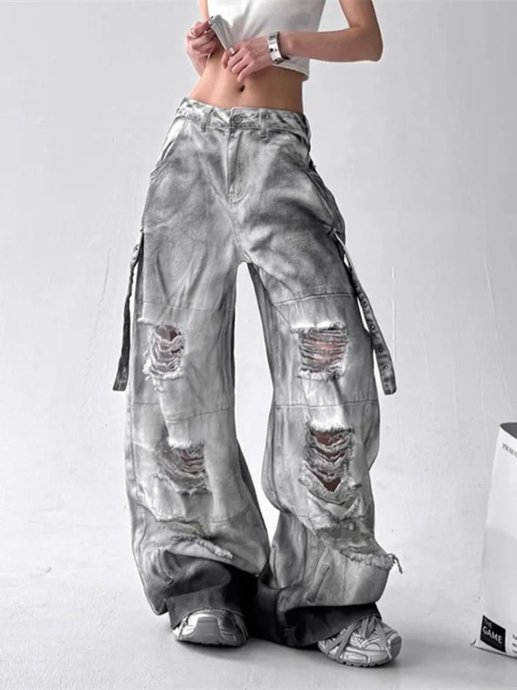 Jeans American High Street Ripped Straight Wide-Leg Jeans For Women Design