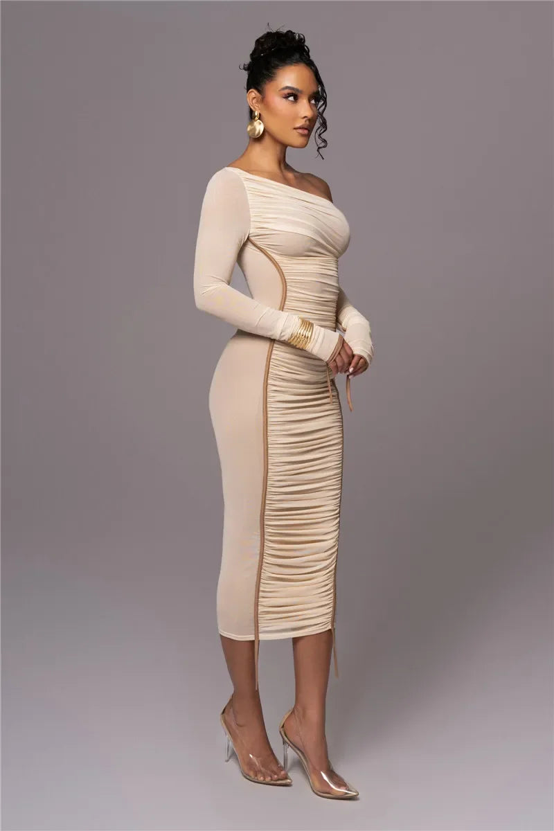 Dyker Heights Diagonal Collar Long Sleeve Mesh Backless Ruched Bodycon Midi Dress