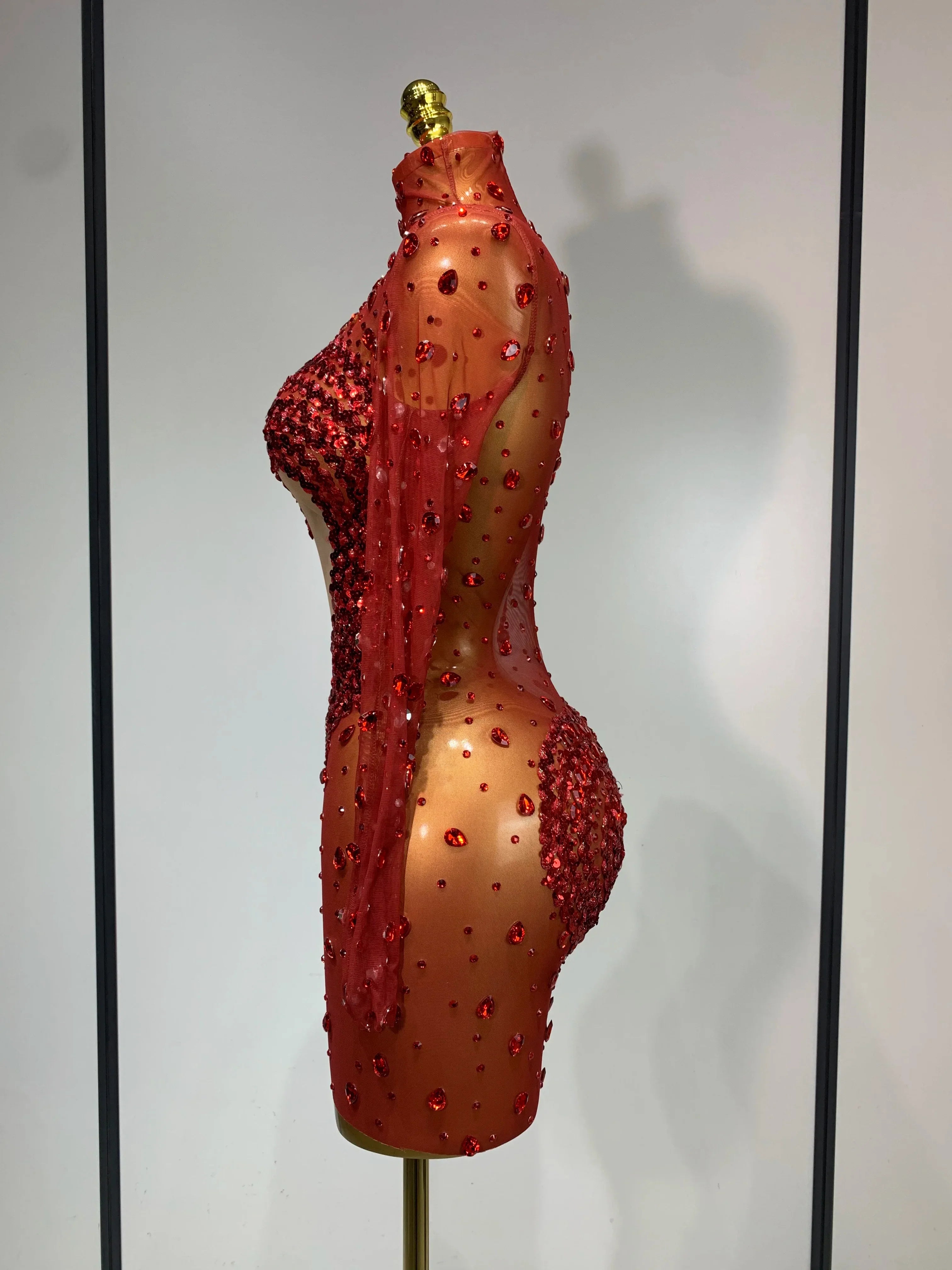 Ithaca High Quality Rhinestone Sequin Sexy See Through Mesh Mini Dress