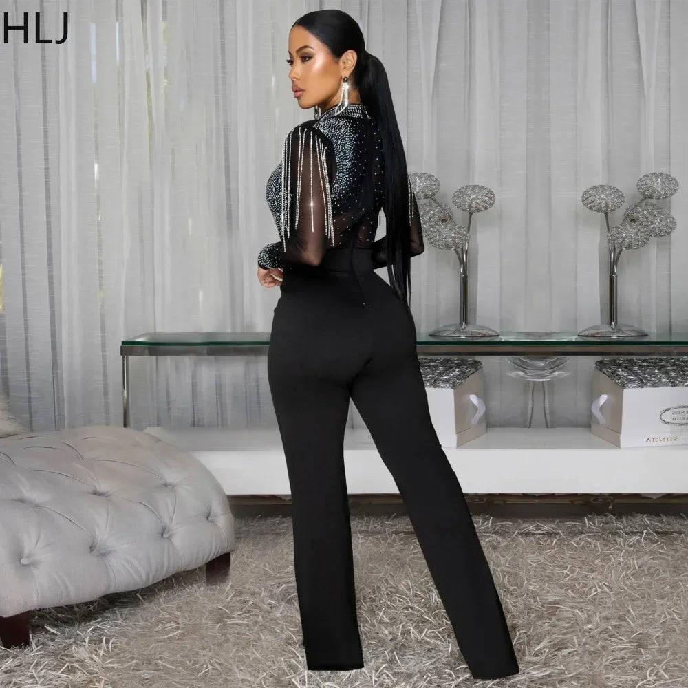 Lincoln Square Rhinestone Patchwork Mesh See Through Long Sleeves Jumpsuit