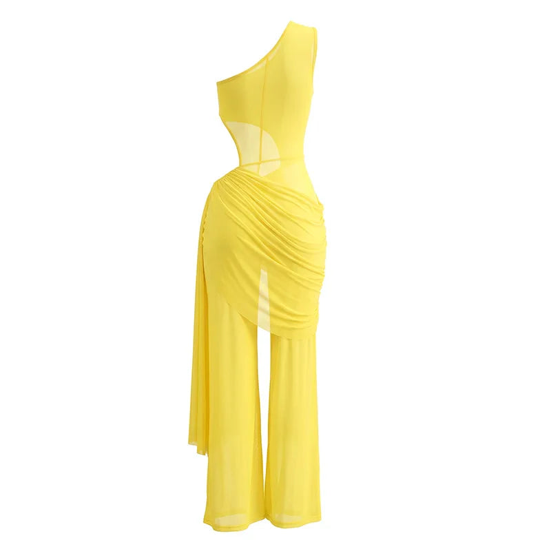 Alabama Mesh See Through One Shoulder Cutout Waist Jumpsuit Draped Overlay