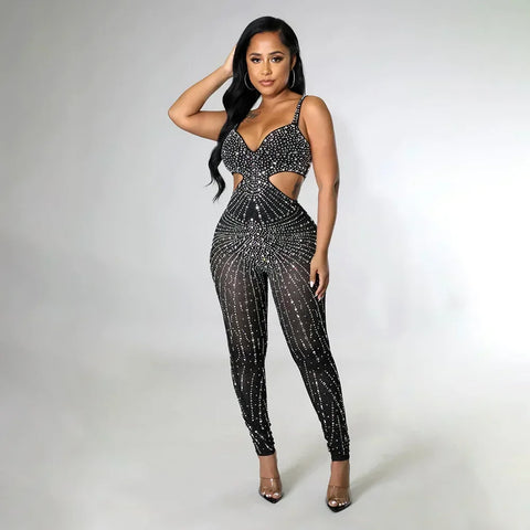 Gramercy Park Fashion Sexy Mesh Perspective Hot Drill Sleeveless Halter Jumpsuit