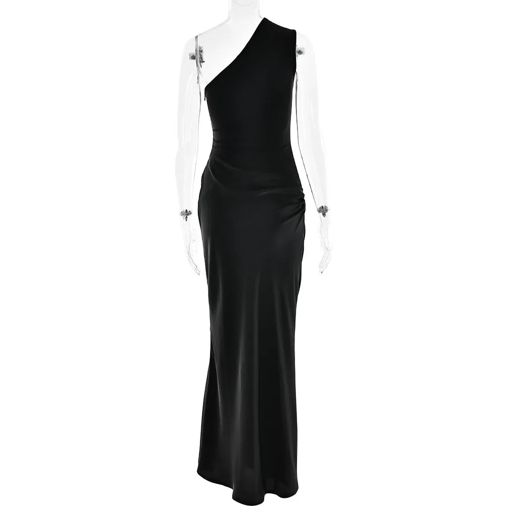Roselle Satin Inclined Shoulder Sexy Fashion Patchwork Backless Bodycon Maxi Dress