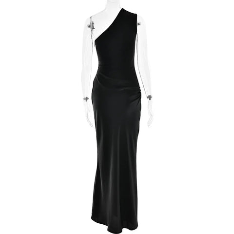 Roselle Satin Inclined Shoulder Sexy Fashion Patchwork Backless Bodycon Maxi Dress