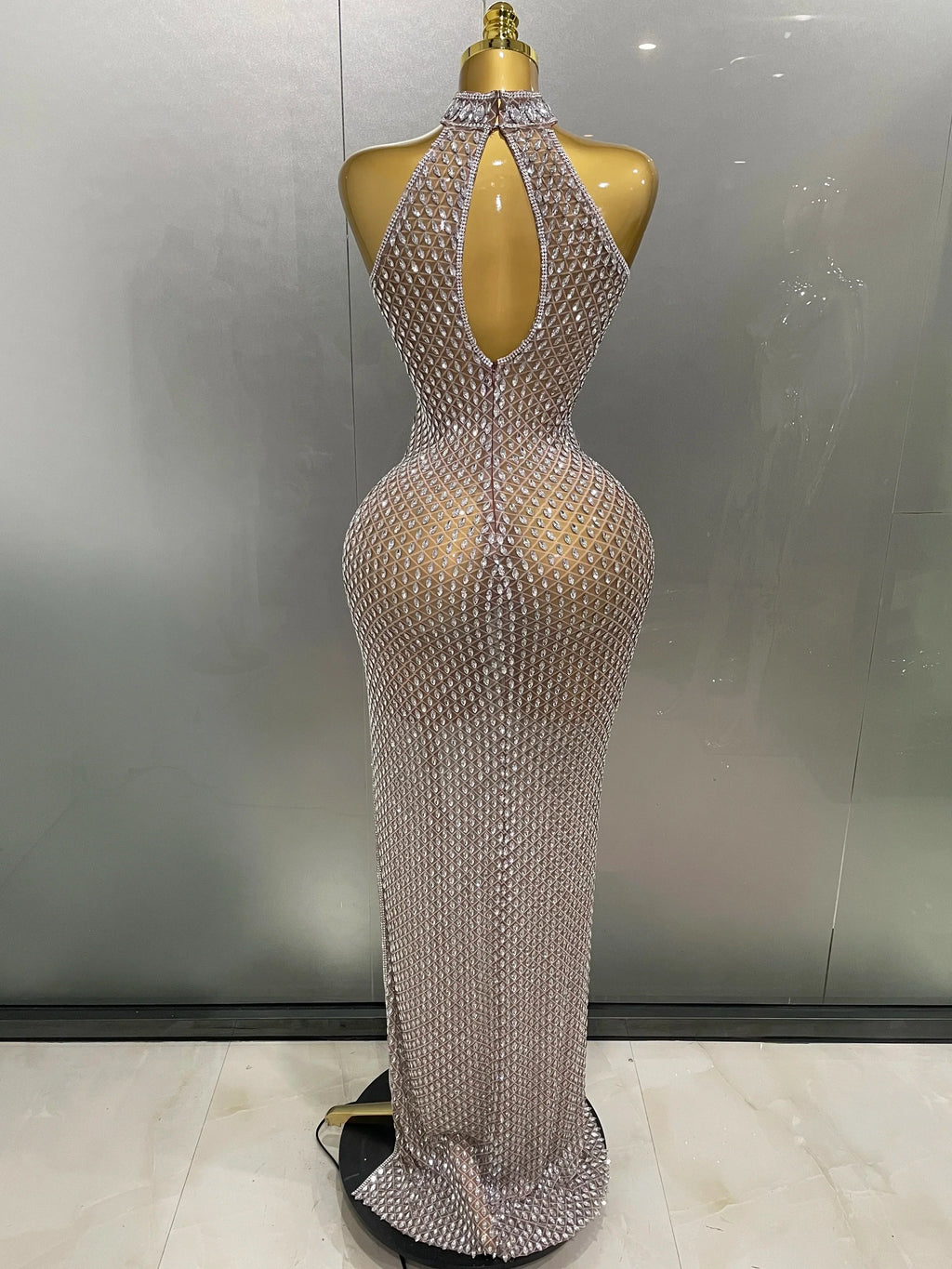 Frederick Full Rhinestones Mesh Transparent Long Elegant Dress
