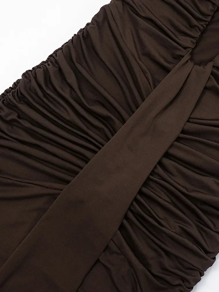 Coney Island Halter Plunging V Neck Ruched Long Straps Maxi Dress