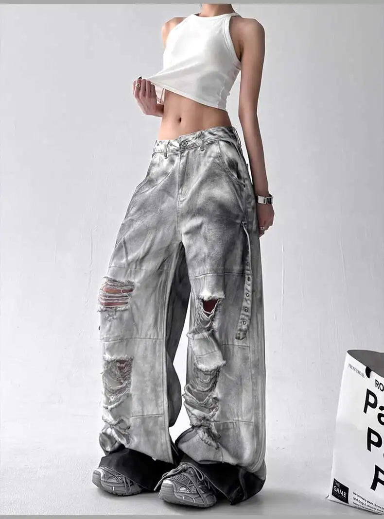 Jeans American High Street Ripped Straight Wide-Leg Jeans For Women Design