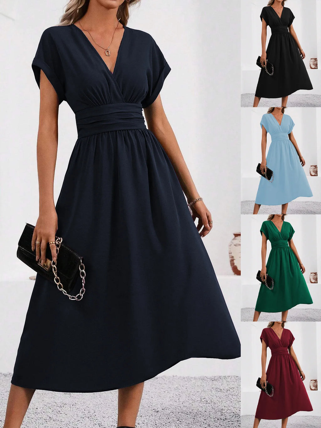 Guachupita Solid-Color V Neck Batwing-Sleeve Pleated Long Elegant Dress