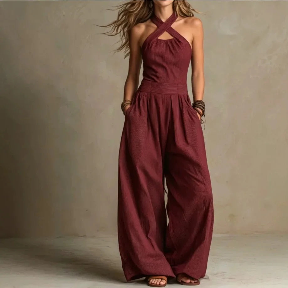 2026 Summer Jumpsuit Solid Color Hanging Neck Elegant Casual Versatile Simple Fashion Comfortable Daily Style Wide Leg Jumpsuit