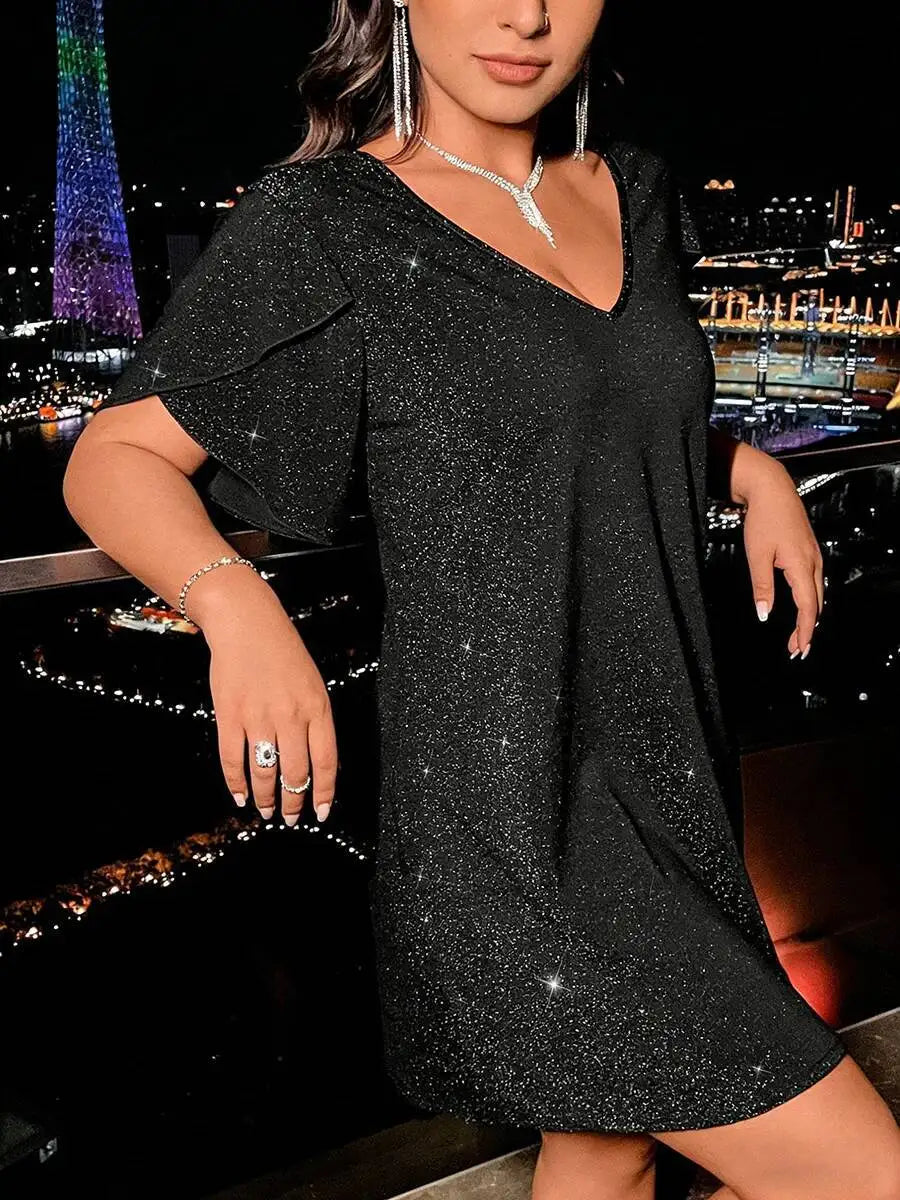 Jersey Shore Plus Size V Neck Ruffle Sleeve Glitter Shiny Loose Dress