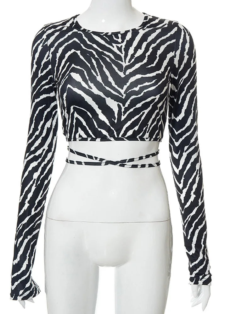 Saturn Sexy Backless Lace ups Pullover Black O Neck Slim Long Sleeve Tops