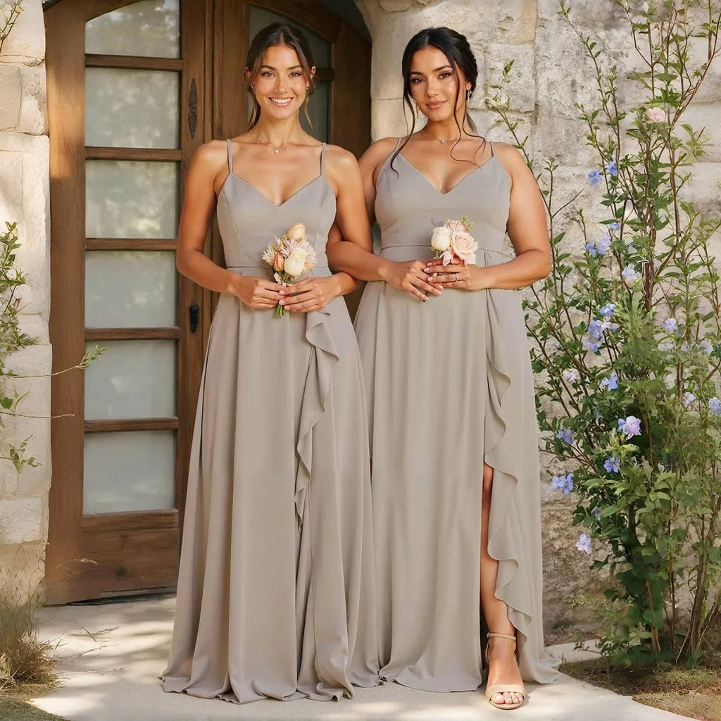 Alma Chiffon Bridesmaid Spaghetti Strap V Neck Cascading Ruffle High Side Slit A Line Dress