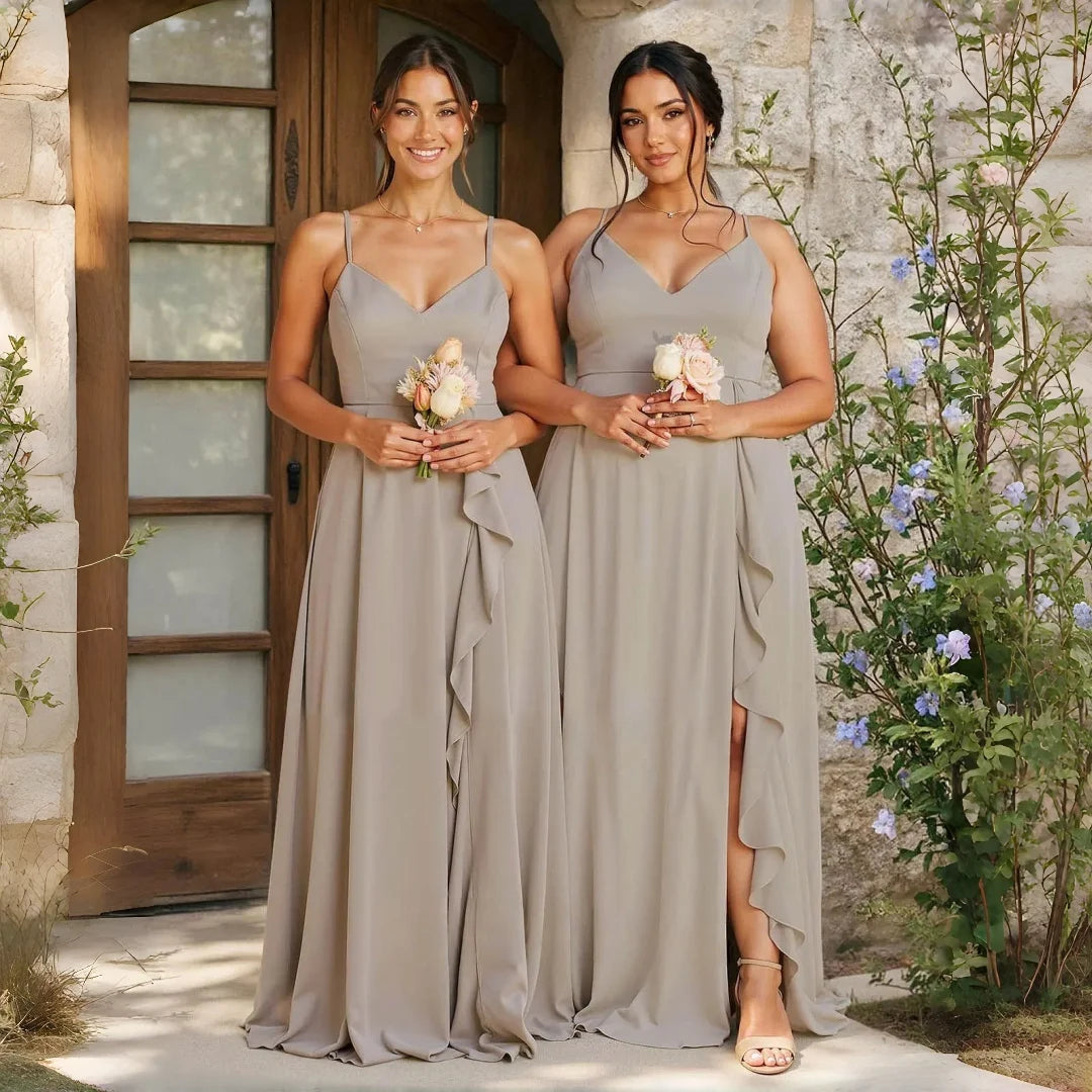 Alma Chiffon Bridesmaid Spaghetti Strap V Neck Cascading Ruffle High Side Slit A Line Dress