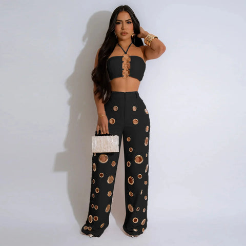Beacon Falls Sleeveless Strapless Wide Leg Hole Hollow Out Two Piece Set