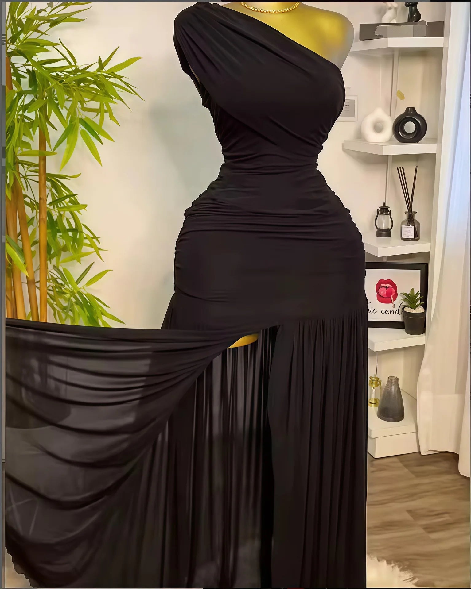 Elegant Skew Neck One Sleeve Off Shoulder Mesh Slit Long Maxi Dresses