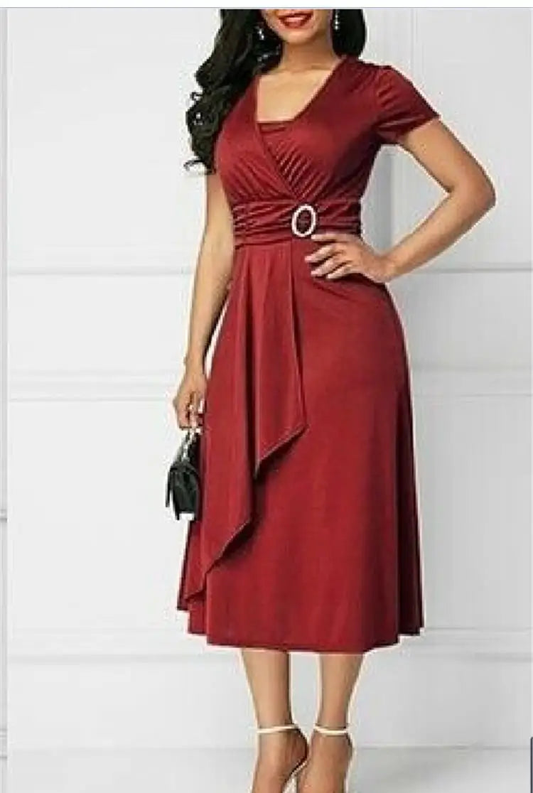 Seattle Solid Color Short Sleeve V Neck Asymmetric Hem Waist Midi Party Dress