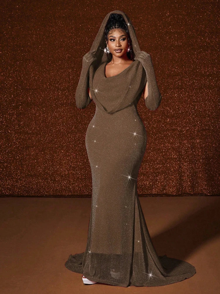 Plus Size Waistband Hot Gold Fish Tail Swing Long Solid Colour Fishtail Slim Dress