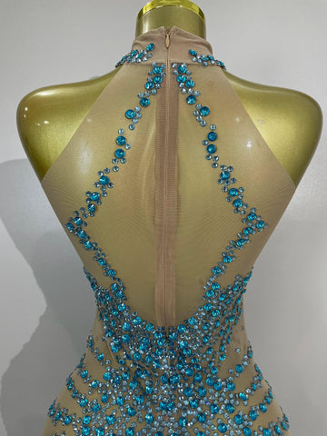 Elmira Rhinestones Sexy Mesh See Through Dress Party Evening Dress
