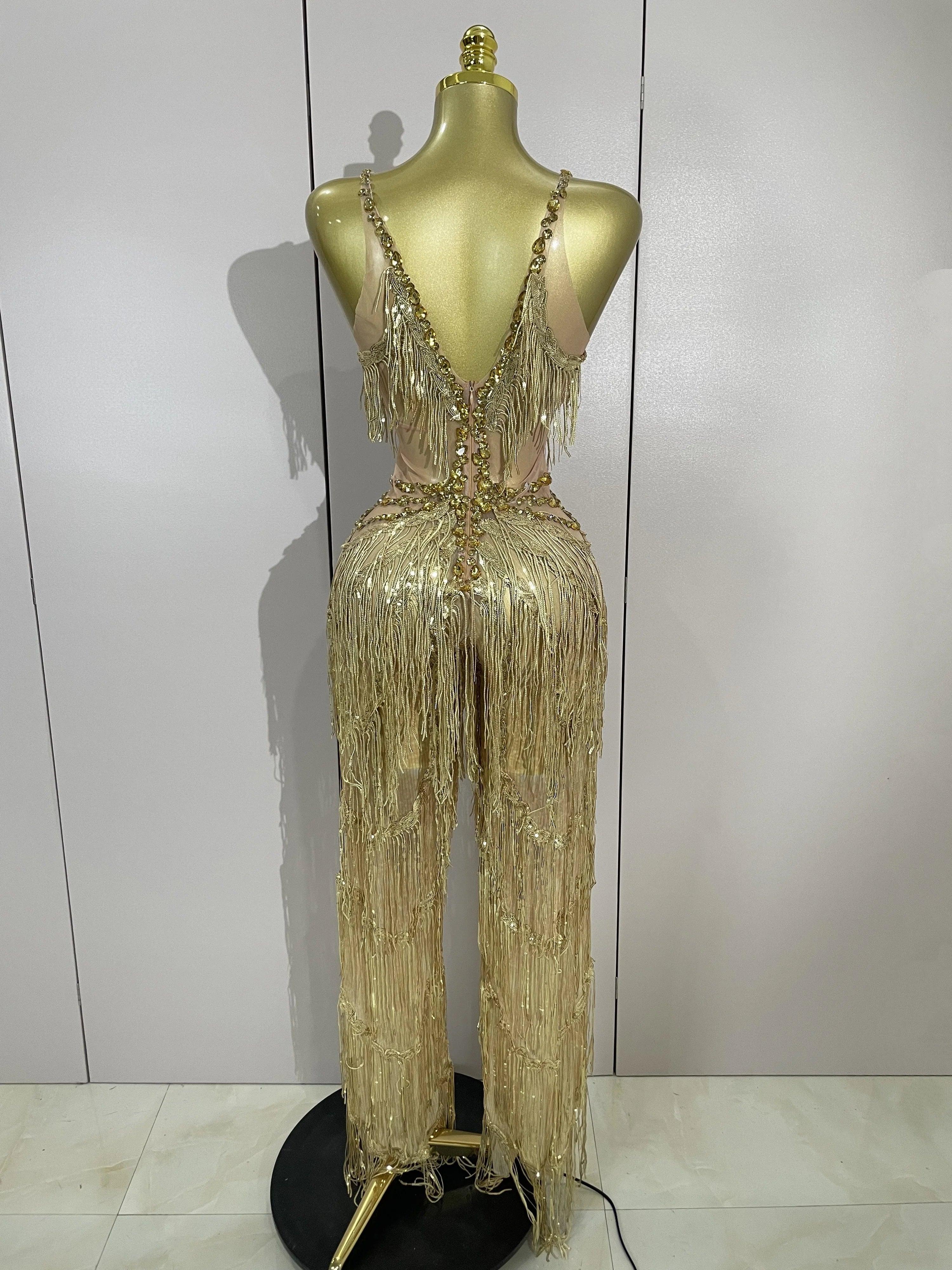 Watkin Glen Sparkly Black Rhinestones Sequined Fringe jumpsuit
