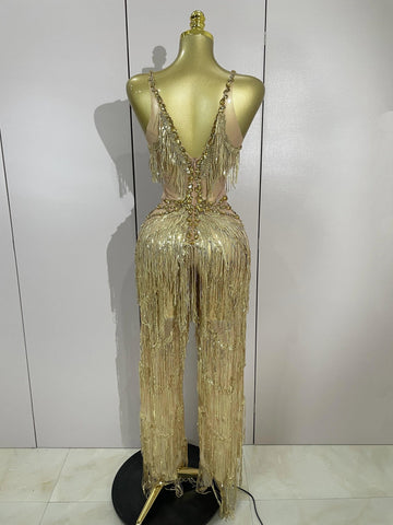 Watkin Glen Sparkly Black Rhinestones Sequined Fringe jumpsuit