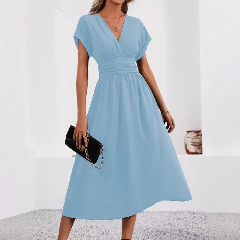 Guachupita Solid-Color V Neck Batwing-Sleeve Pleated Long Elegant Dress