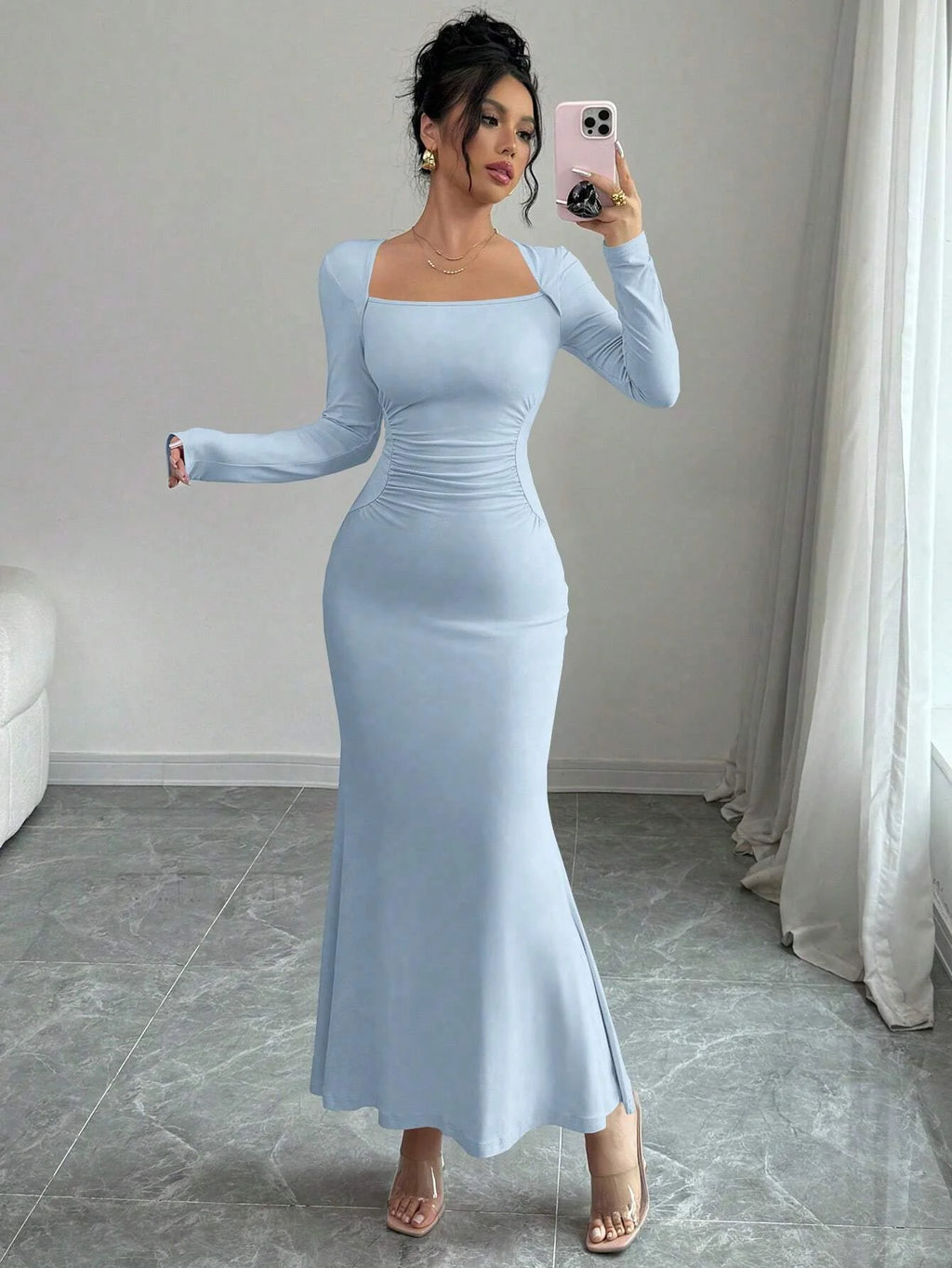 Nisao Four Seasons New Style Elegant Temperament Retro Solid Color Square Long Dress