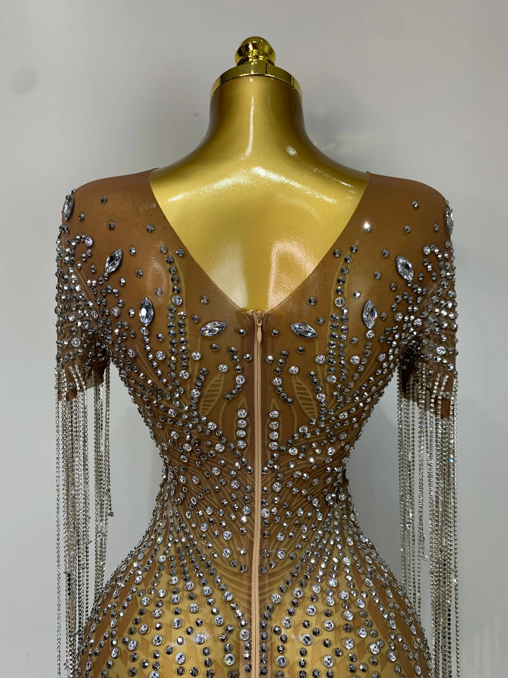 Bedford Luxury Sparkly Rhinestones Tassel Transparent Mesh Stretch Long Dress