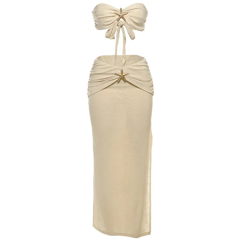 New Paltz Lace Up Backless Strapless Ruche Long Splits Beach Outfits