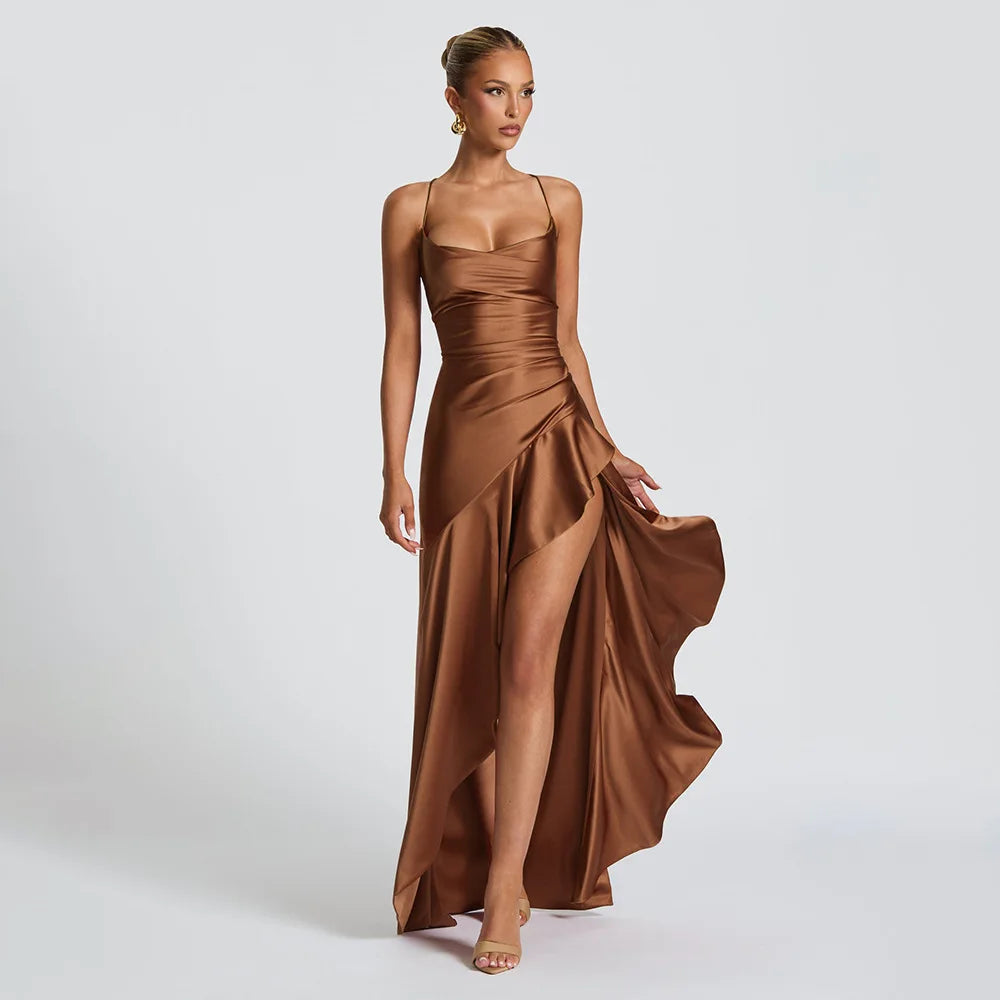 Stony Point Satin Long Dr with High Slit And Lace Trim Charming Dress