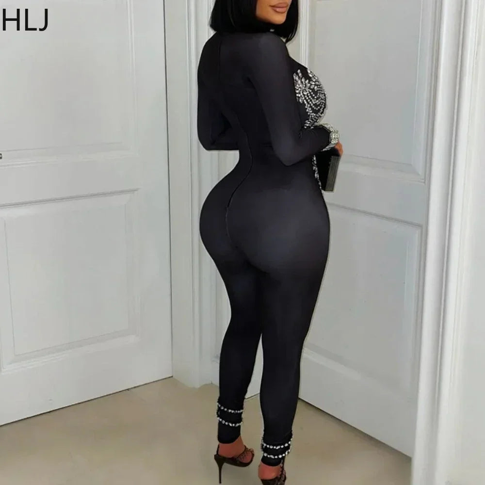 Upper East Sexy Rhinestone Patchwork Solid See Through Sparkling Jumpsuit