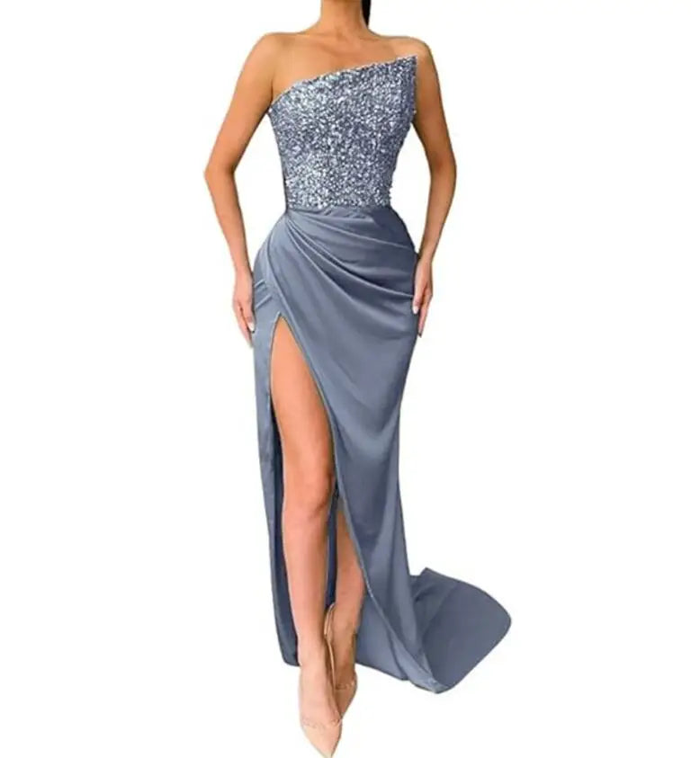 Lakewood New Sequined Sleeveless Fashion Wrapped Chest Solid Color Split Slim Fit Dress