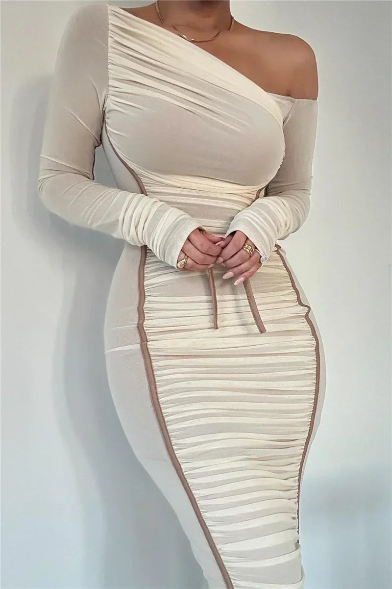 Dyker Heights Diagonal Collar Long Sleeve Mesh Backless Ruched Bodycon Midi Dress
