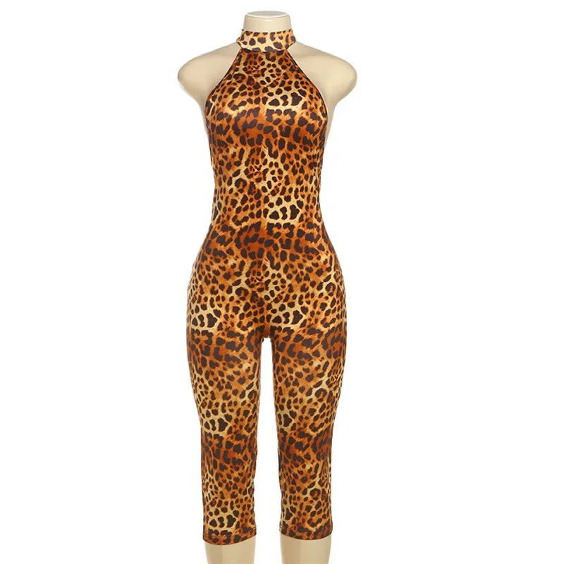 Sunset Park Dots Print Lace Up Halter Backless Skinny Knee Length Jumpsuits