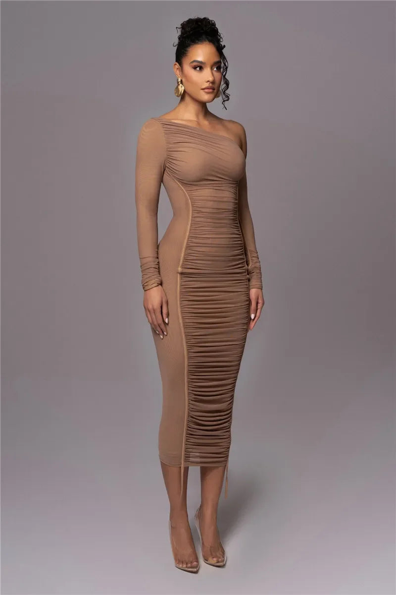 Dyker Heights Diagonal Collar Long Sleeve Mesh Backless Ruched Bodycon Midi Dress