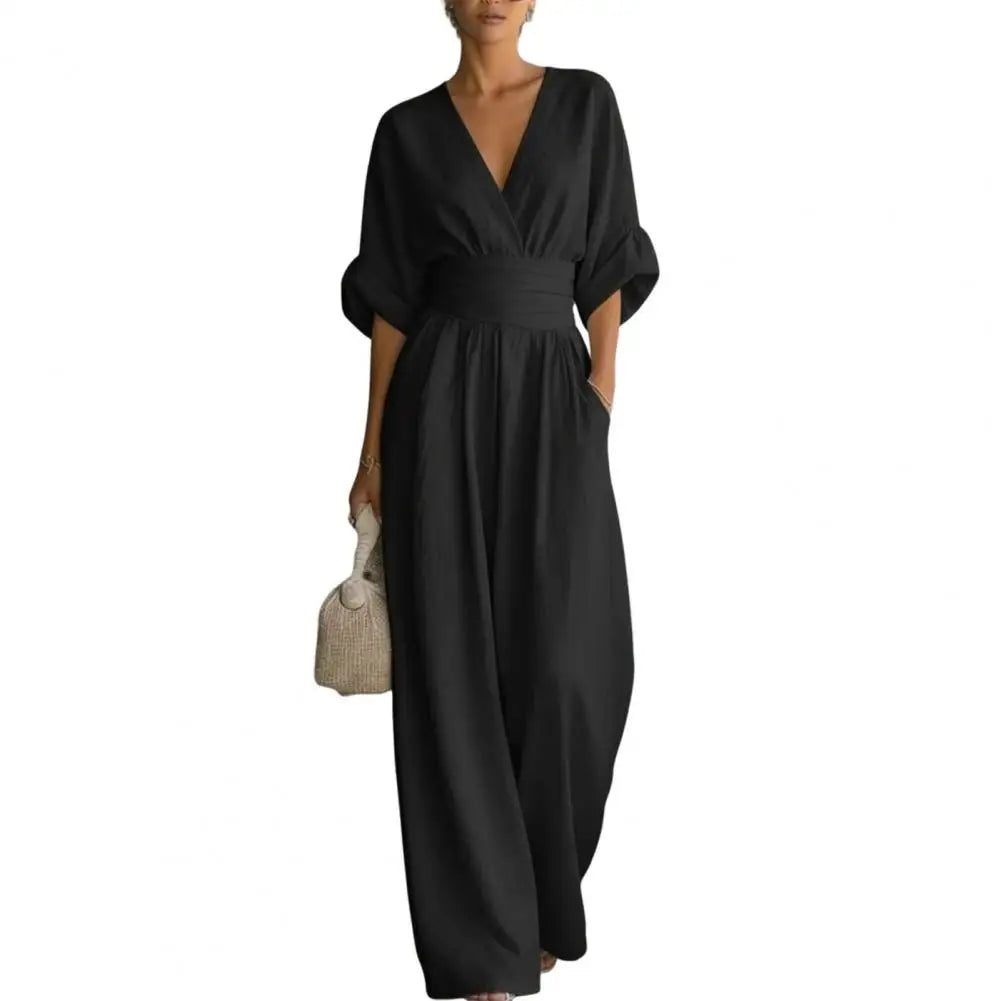 Women's Jumpsuit Fashion High Waist V-neck Casual Jumpsuits Sexy Solid Color Office Wide Leg Trousers Overalls Vacation Outfit