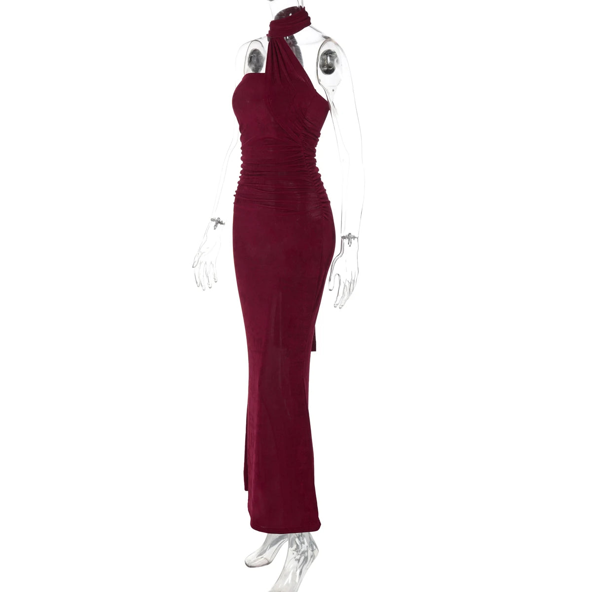 Chicago Halter Solid Sleeveless Backless Ruched Sexy Bodycon Maxi Prom Dress