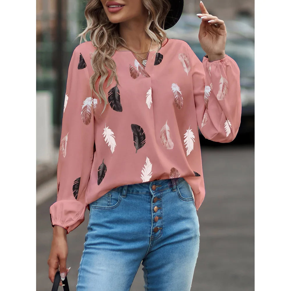 Jamesburg Casual T Shirt Fashion Feather Printed Long Sleeve V Neck Loose Blouses