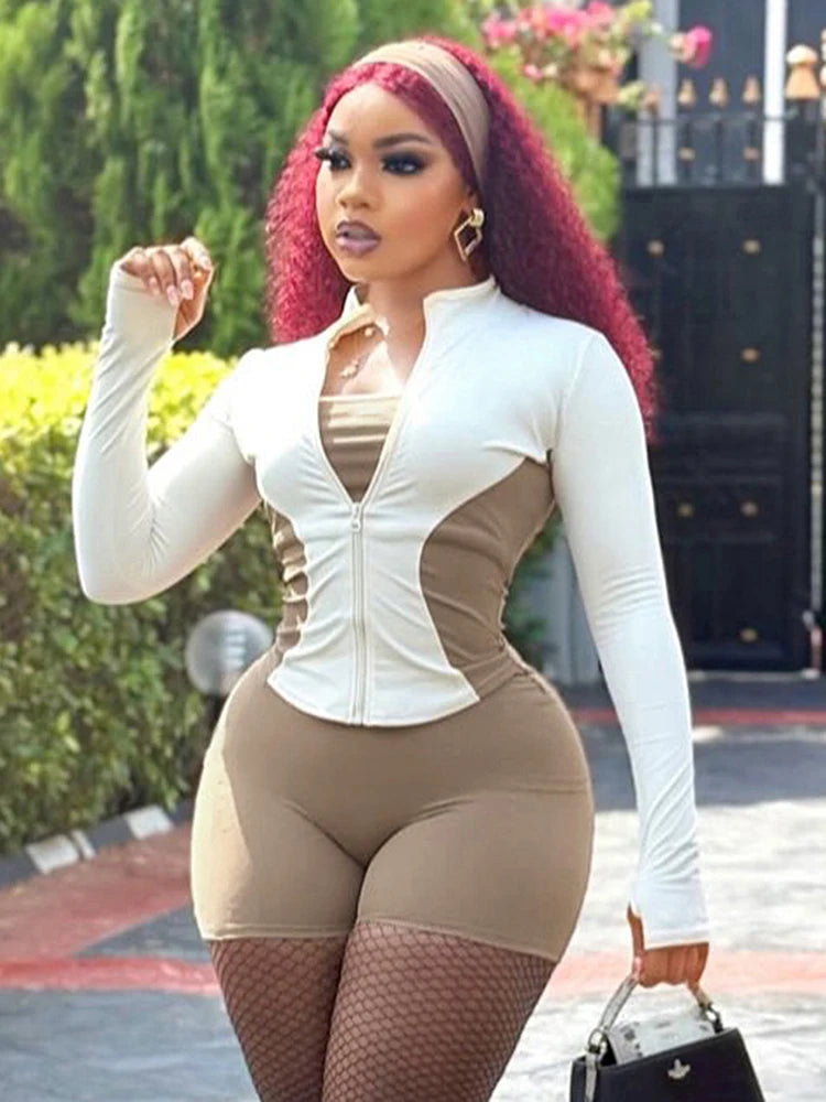 Ottawa Contrast Design Zip Full Sleeve Tide Daily Casual Sporty Fashion Outfits Set