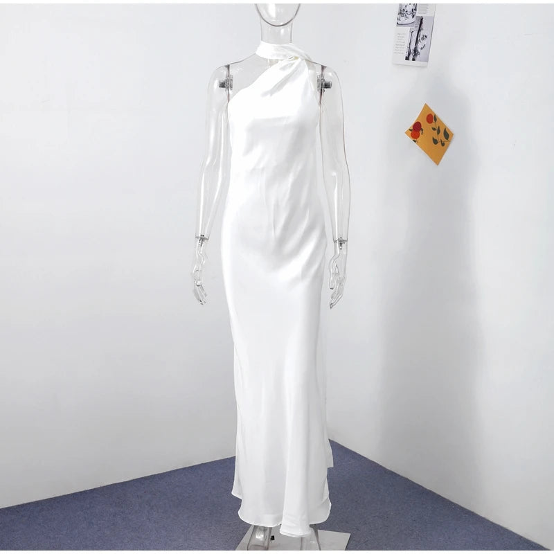 Califon Sexy Satin Ribbon Party Elegant Halter Backless Off Shoulder Sleeveless Maxi Dress