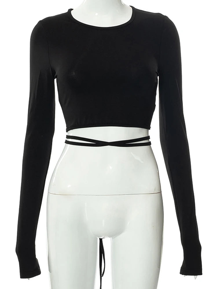 Saturn Sexy Backless Lace ups Pullover Black O Neck Slim Long Sleeve Tops