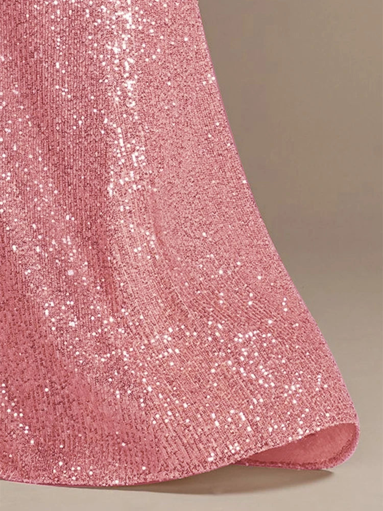 Columbus Luxury Pink Floor Length V Neck Evening Sequin Maxi Dress