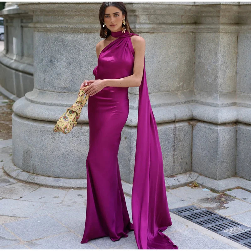 Califon Sexy Satin Ribbon Party Elegant Halter Backless Off Shoulder Sleeveless Maxi Dress