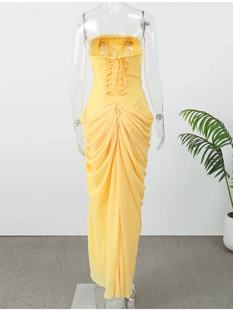 Tapansee Solid Sexy Pleated Strapless Off Shoulder Backless High Waist Split Maxi Dress
