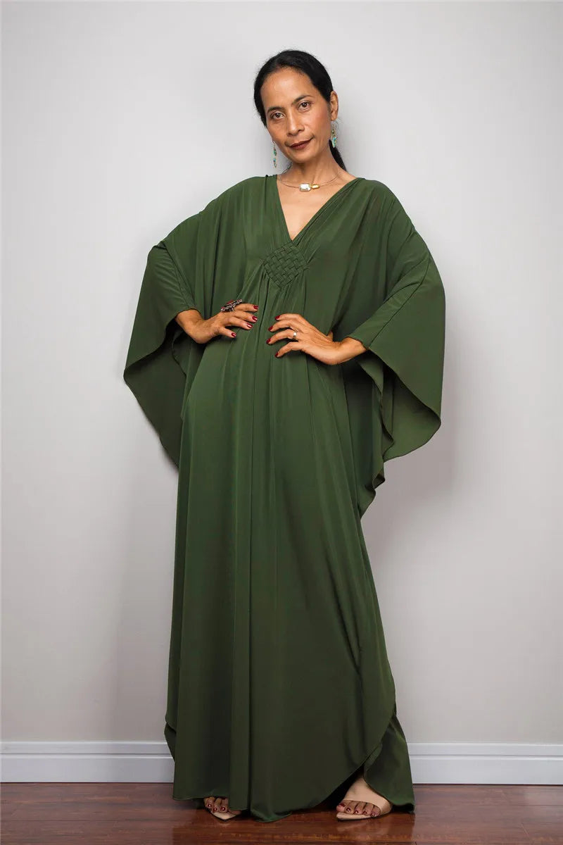 Plaza Plus Size Caftan Solid Color Plus Size Beach V Neck Cover Up Loose Soft Kaftan Dress